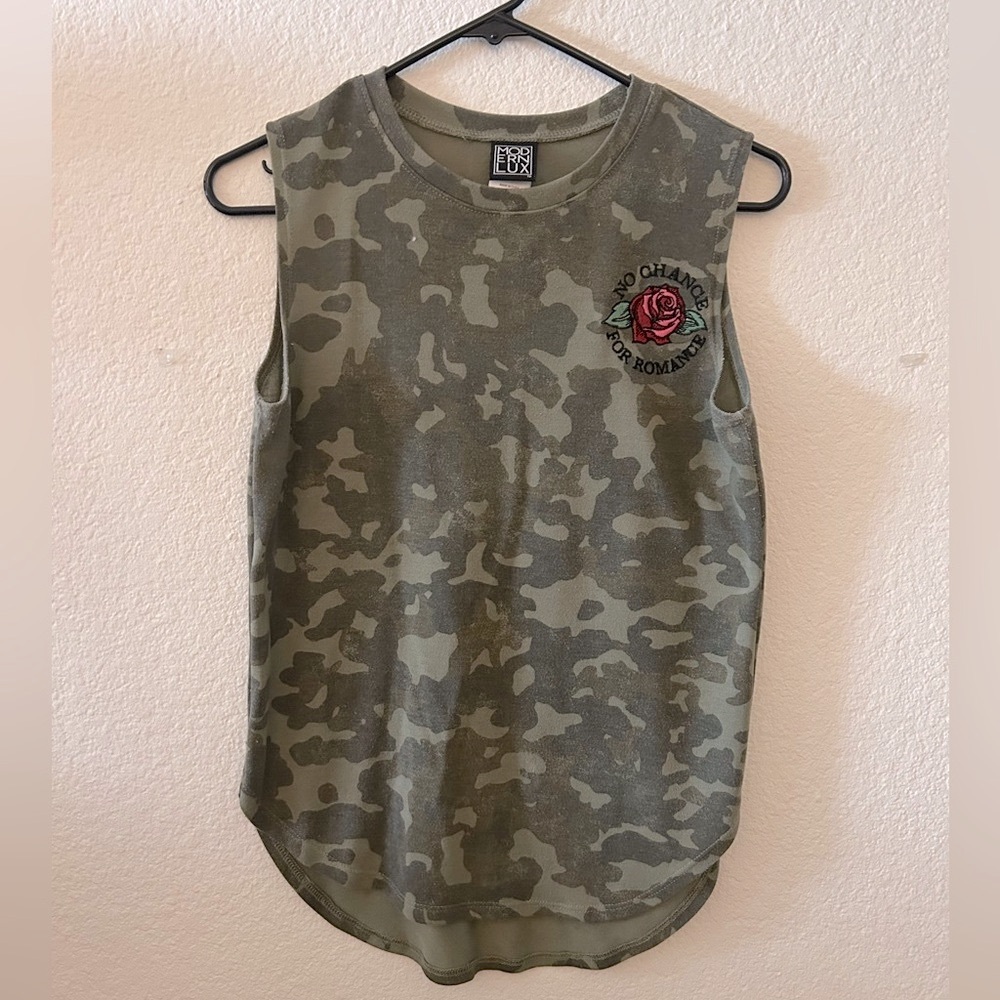 Camo Sleeveless Top with Rose Patch